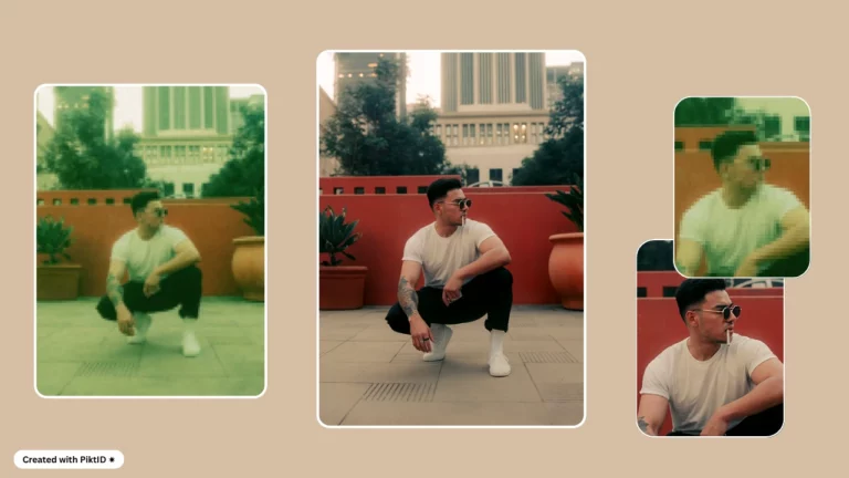 Using PiktID's Upscale face pixelizer to improve the image quality of a tattooed guy in white t-shirt and sunglasses