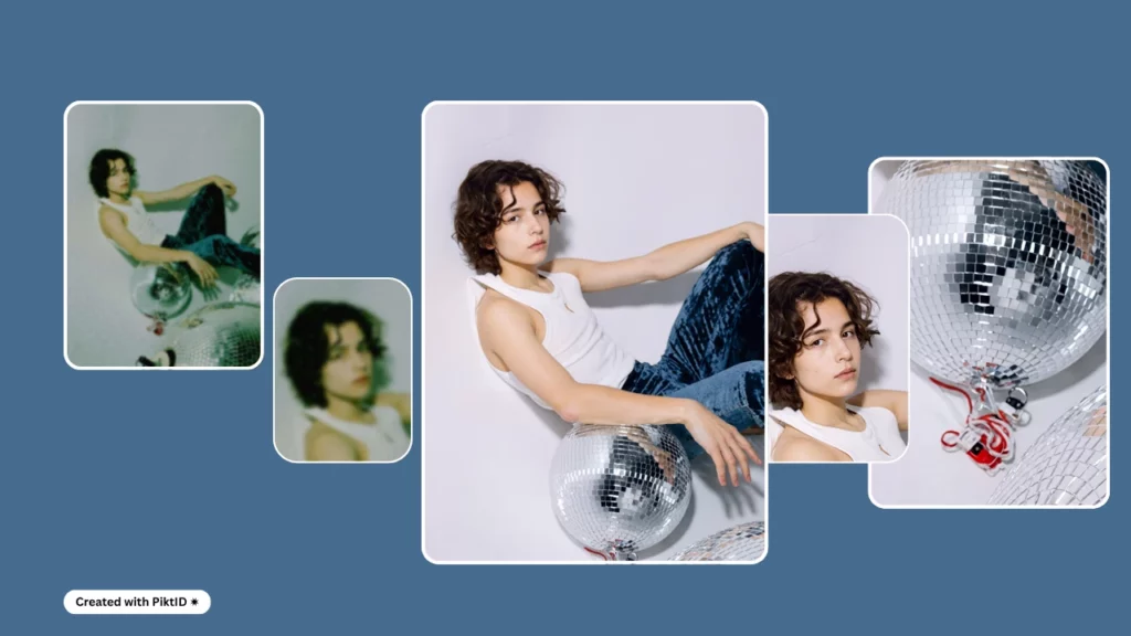 Confronto affiancato di un ragazzino con una canottiera bianca e pantaloni di velluto seduto con una palla da discoteca, che mostra una versione pixelata e una versione migliorata utilizzando la tecnologia pixelizer per i volti.