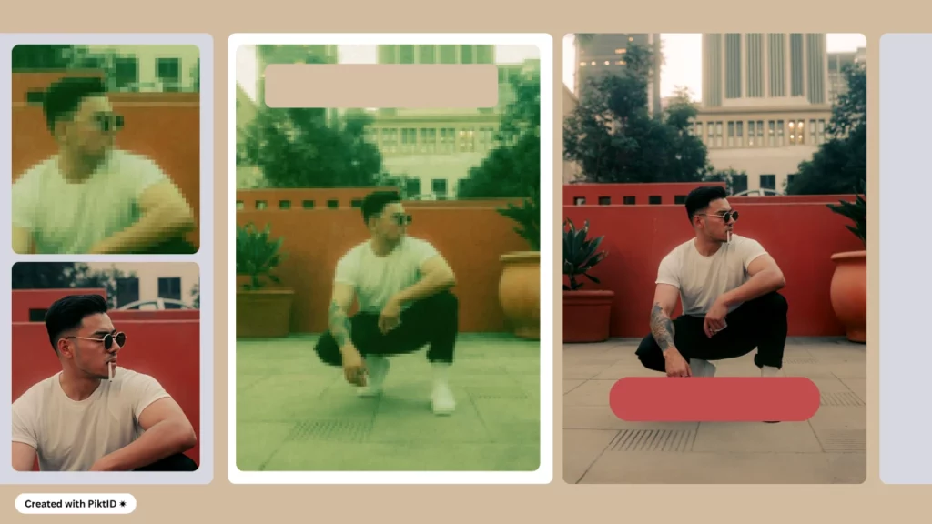 Trasformazione di un uomo accovacciato su un tetto urbano, da un'immagine pixelata a una versione nitida e chiara con dettagli e texture migliorati, utilizzando il pixelizzatore per volti.