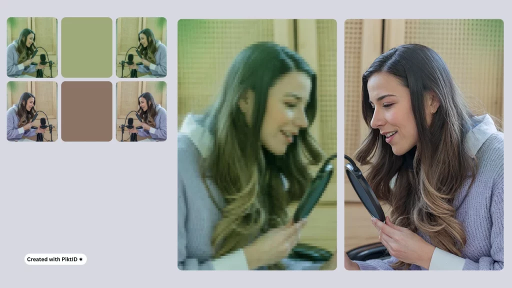 Una donna registra un audio tenendo in mano un microfono, con un confronto affiancato di immagini sfocate e ad alta definizione che evidenzia il miglioramento delle immagini basato sull'intelligenza artificiale.