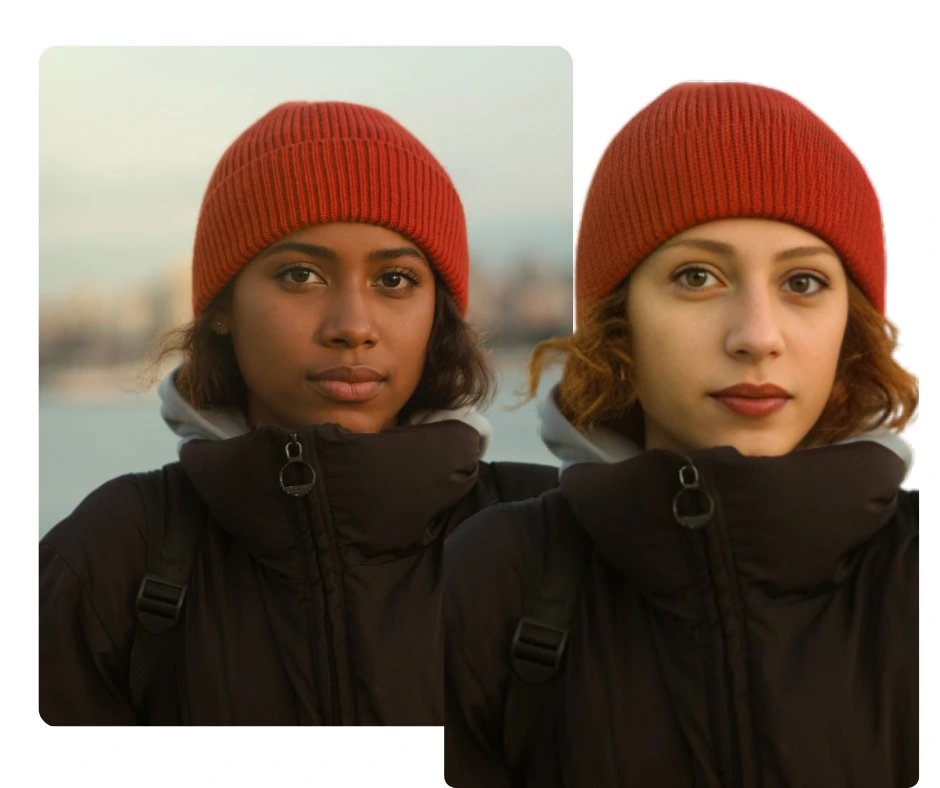 Imágenes comparativas de dos mujeres de diferentes orígenes con gorro rojo.