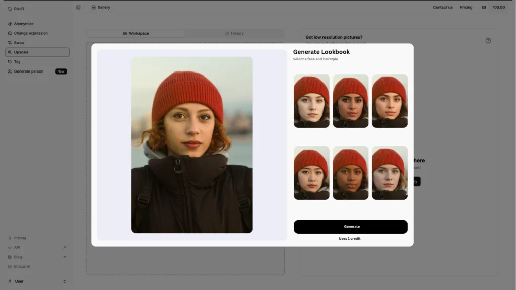 Uso de la función Swap de PiktID como reemplazo de rostro para generar un lookbook, donde piktid crea 6 rostros diferentes que pueden reemplazarse con la imagen original