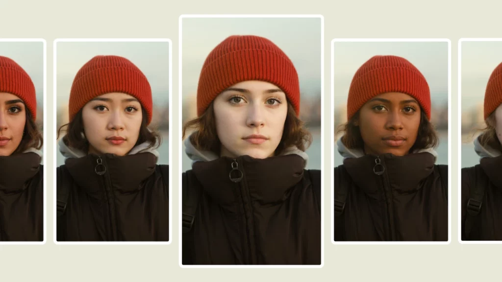 Cinco imágenes para comparar, lado a lado, a chicas de diferentes orígenes con el mismo atuendo de gorro rojo y chaqueta de abrigo negra.