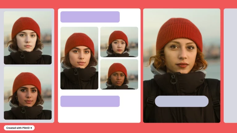 Verwenden Sie die Swap-Funktion von PiktID als Gesichtsersatz für eine Frau mit roter Mütze und schwarzem Mantel mit fünf weiteren Bildern mit unterschiedlichen Gesichtern und Ursprüngen im gleichen Outfit