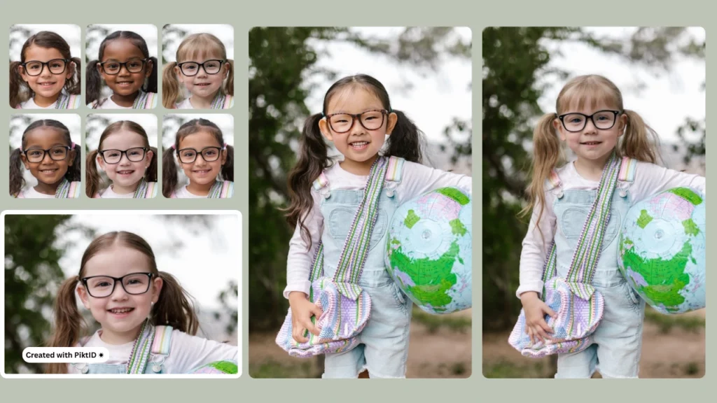 Seis imágenes de niñas de diferentes etnias con anteojos debajo de una sola imagen de una niña con un top rosa y un mono de mezclilla y en el centro dos imágenes, una al lado de la otra, de la misma niña con diferentes caras sosteniendo un globo terráqueo y usando un bolso.
