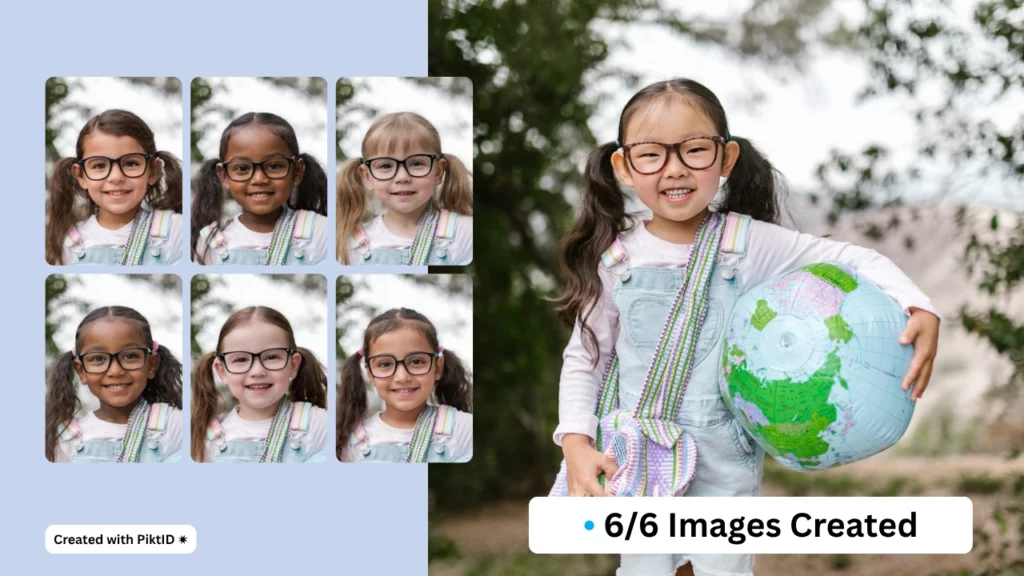 6 imágenes creadas con la función de intercambio de PiktID de una niña sosteniendo un globo terráqueo y usando anteojos