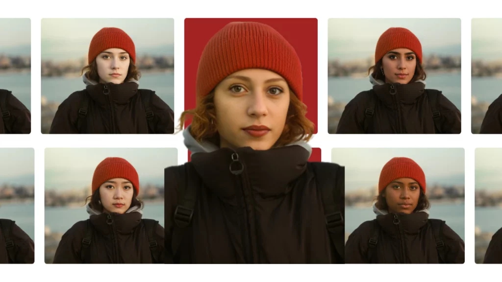 Maqueta de la imagen original de una niña con gorro rojo y en el fondo cuatro imágenes creadas usando la función de intercambio de PiktID como reemplazo de caras generando 4 caras de diferentes etnias
