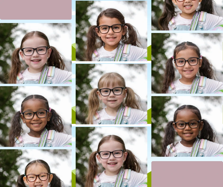 Varias imágenes creadas con PiktID de una niña con gafas y un mono de mezclilla.