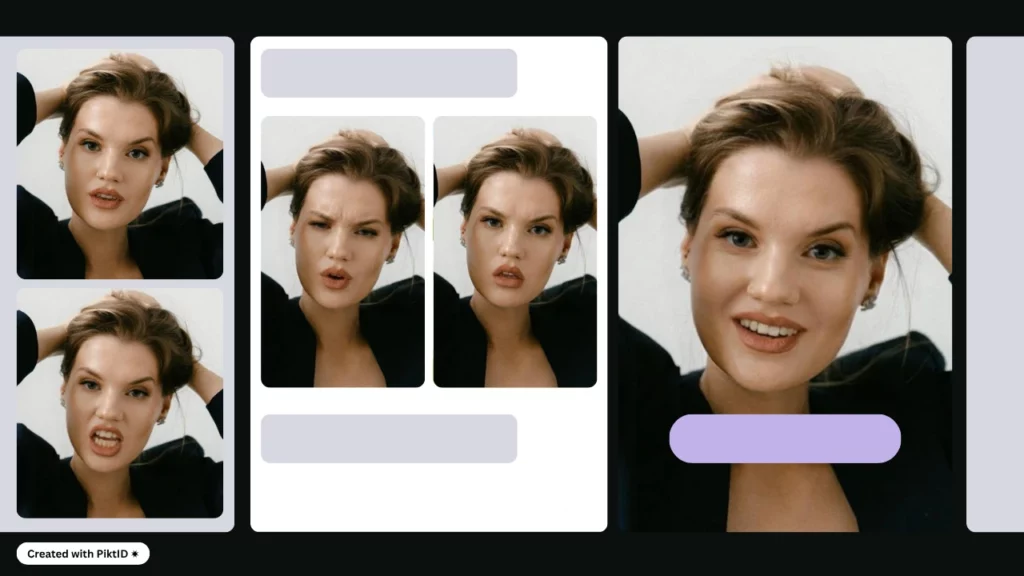 A digitally retouched series of the same blonde woman with short hair, showcasing multiple facial expressions. Enhanced using face shape AI tool like PiktID to subtly shift emotional tone while preserving identity traits.