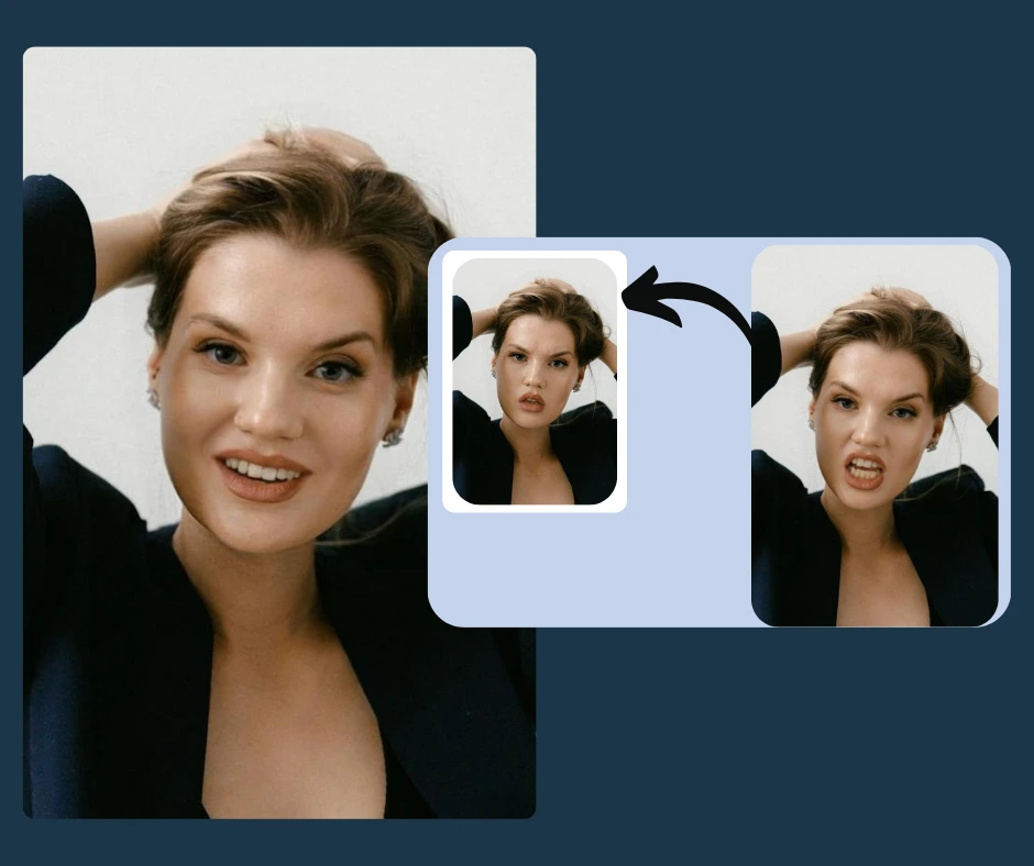 Side-by-side facial variations of a young woman with short hair, reflecting different moods. Face shape AI was used to adjust expressions and maintain symmetry for a polished yet authentic appearance.