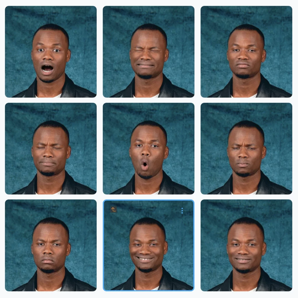 Nine images organized in a square box next to each other in three rows and columns created by using the face retouching feature by PiktID called as "Change expressions" on an image of a black bald guy with a leather jacket