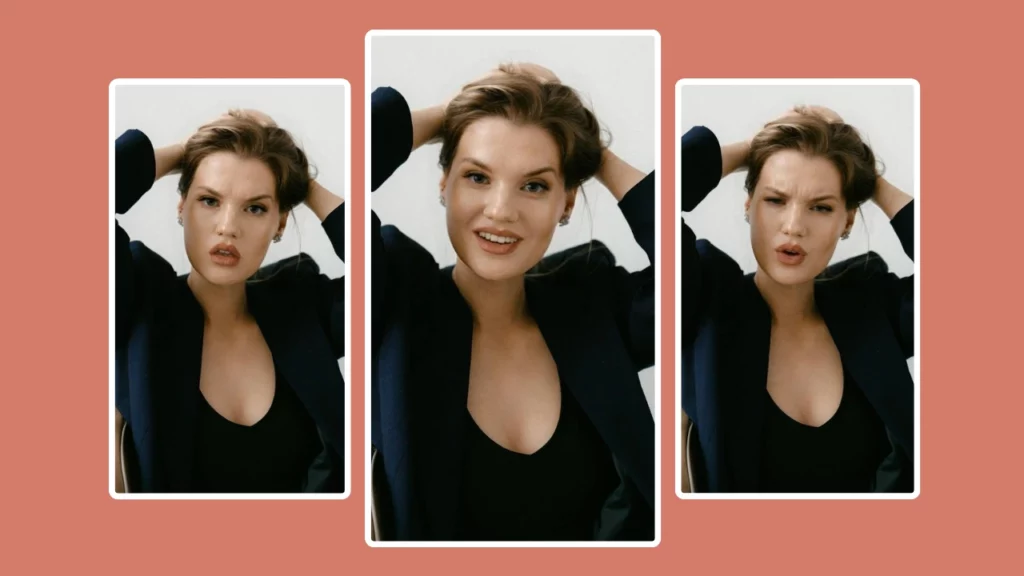 Vibrant image of a woman with short hair against a pink background. The facial details have been digitally enhanced using face shape AI, focusing on cheekbone lift and skin tone unification.