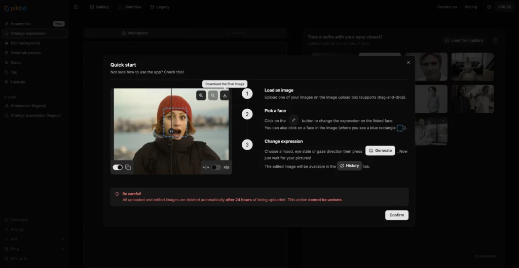 Screenshot of PiktID's Web-app showing a popup of a Quick start guide on how to use the face retouching feature called as "change expression"
