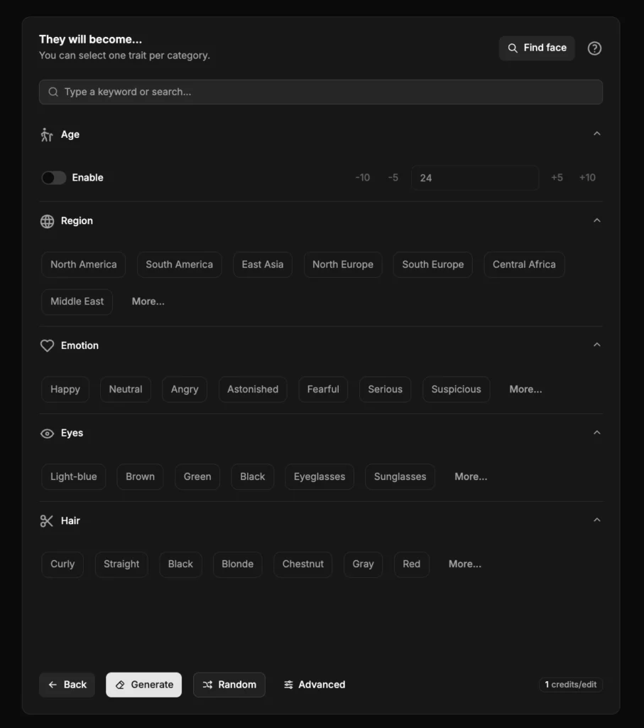 Interfaz oscura de la app 'PiktID' con un menú de personalización para generar una cara. El menú incluye opciones de Edad (con un control deslizante de -10 a +10 y un interruptor para activarla), Región (opciones como Norteamérica, Sudamérica, Asia Oriental, etc.), Emoción (opciones como Feliz, Neutral, Enojado, etc.), Ojos (opciones como Azul claro, Marrón, Verde, etc.) y Cabello (opciones como Rizado, Liso, Negro, etc.). Los botones en la parte inferior incluyen Atrás, Generar, Aleatorio y Avanzado, con un indicador de crédito que muestra 1 crédito por edición.