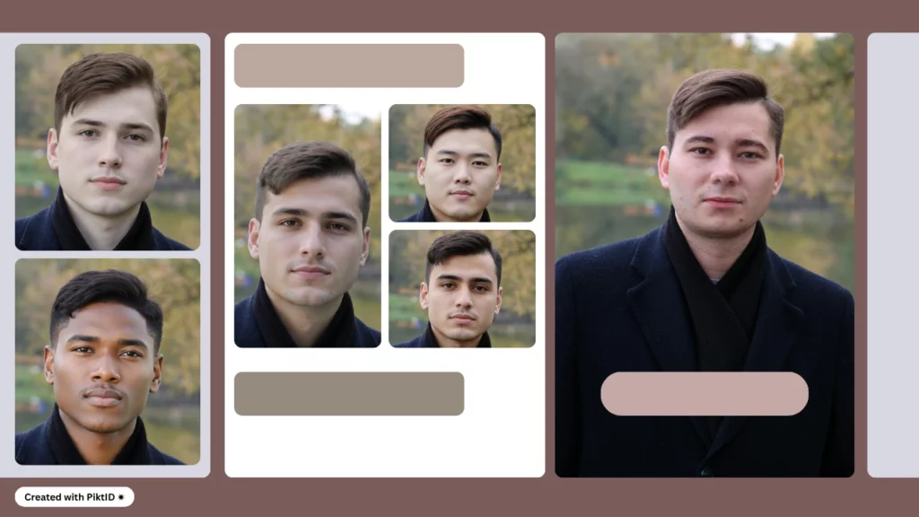 Retratos de alta resolución generados por IA de diversos hombres vestidos con elegantes trajes negros, que muestran diversas estructuras faciales y peinados. Esta imagen demuestra cómo la IA para la forma del rostro puede influir en el estilismo virtual y la personalización de la moda basándose en la geometría facial.