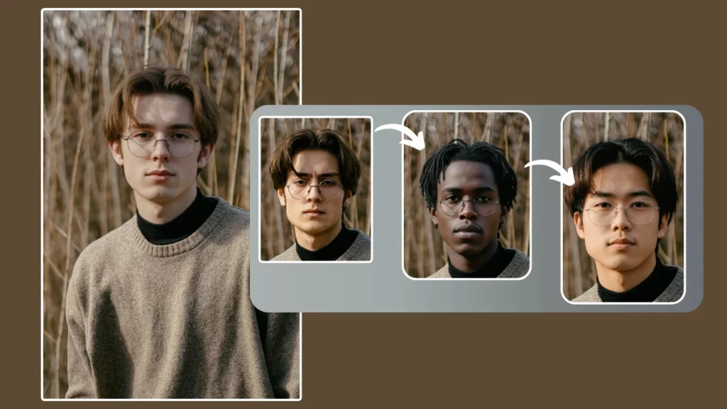 Grupo de modelos masculinos generados por IA con cabello largo y ropa de diferentes tonos de marrón. Cada look se adapta a diferentes formas de rostro, lo que refleja la capacidad de las plataformas de estilismo basadas en IA para adaptar la moda a la geometría facial.