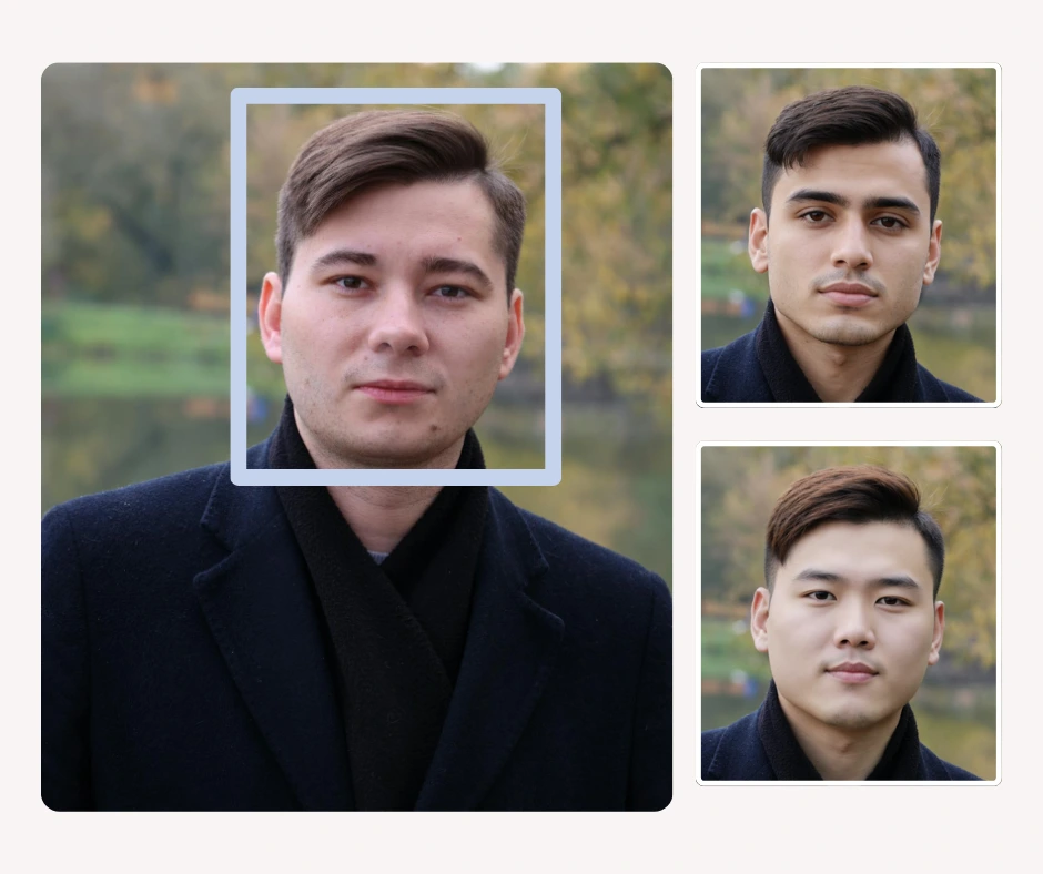 Una selección de rostros masculinos creados por IA, con peinados cortos, apariencia impecable y atuendos que se adaptan a la forma del rostro. Esta imagen apoya temas de blog sobre IA en el cuidado personal masculino, la búsqueda de peinados y recomendaciones de estilo virtual.