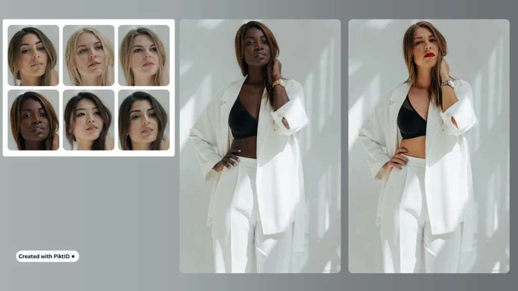 Retratos femeninos generados por IA con prendas blancas, que resaltan diferentes estructuras faciales. Este conjunto de imágenes demuestra cómo la IA para la forma del rostro puede aplicarse al estilismo femenino y a la personalización virtual de la moda.