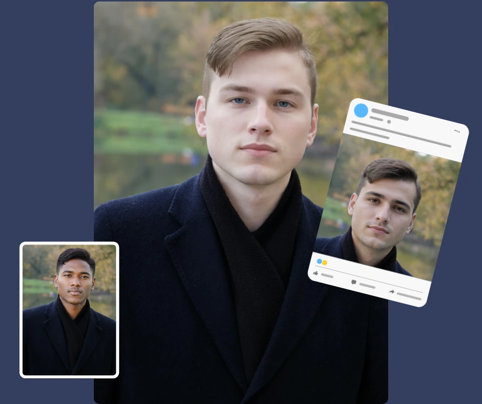 Plantilla de publicación para redes sociales diseñada con IA que presenta a un grupo de hombres con ropa negra a la moda, cada uno con un estilo único basado en la forma de su rostro. Esta imagen apoya las campañas digitales de moda y muestra cómo la IA para la forma del rostro puede mejorar la estética de los influencers virtuales.