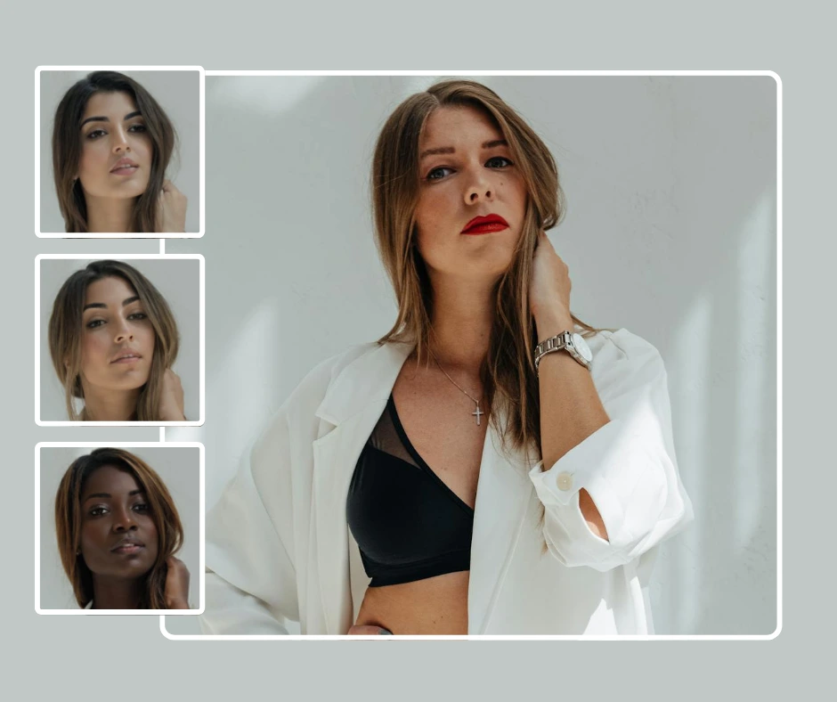 Imagen de pantalla dividida de la aplicación "PiktID". A la izquierda, una mujer con blazer blanco y top negro posa en un interior con la mano cerca del rostro. A la derecha, tres imágenes más pequeñas muestran diferentes variaciones del rostro de la mujer.