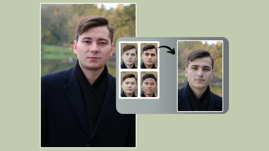 Imagen de pantalla dividida de la aplicación "PiktID". A la izquierda, un hombre con un abrigo oscuro se encuentra al aire libre cerca de un lago. A la derecha, cuatro imágenes más pequeñas muestran diferentes variaciones del rostro del hombre, con una flecha que señala una versión mejorada de la imagen original.