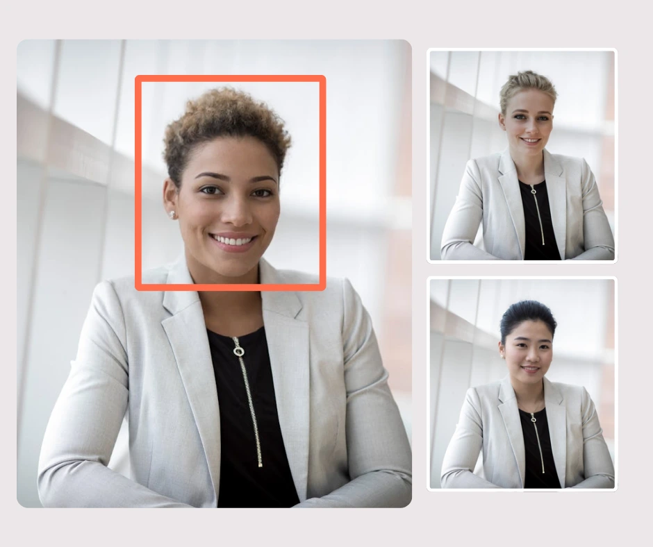 Una imagen ampliada a la izquierda de una mujer con cabello castaño corto y a la derecha dos imágenes del mismo atuendo con diferentes mujeres.