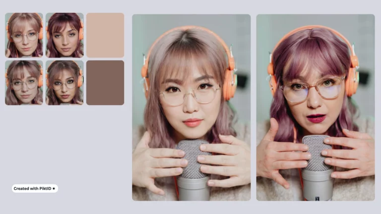 Learning how to how to create ai model girl using PiktID, on the left 4 images in a grid format of girls from different origin and on the center and right a side by side comparison image of women in orange headphones wearing eyeglasses and holding a microphone