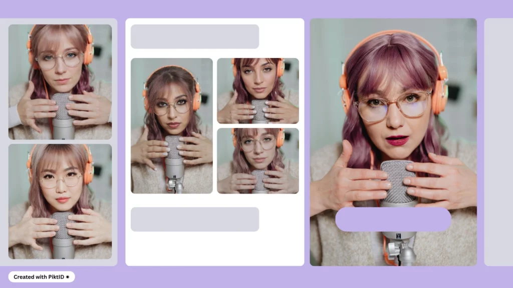 Aprenda a crear una chica modelo IA usando PiktID, a la izquierda dos imágenes de mujeres de Europa y Asia, en el centro tres imágenes de mujeres con el mismo atuendo de América, Medio Oriente y Europa y a la derecha la imagen original de una mujer con cabello morado y sosteniendo un micrófono.