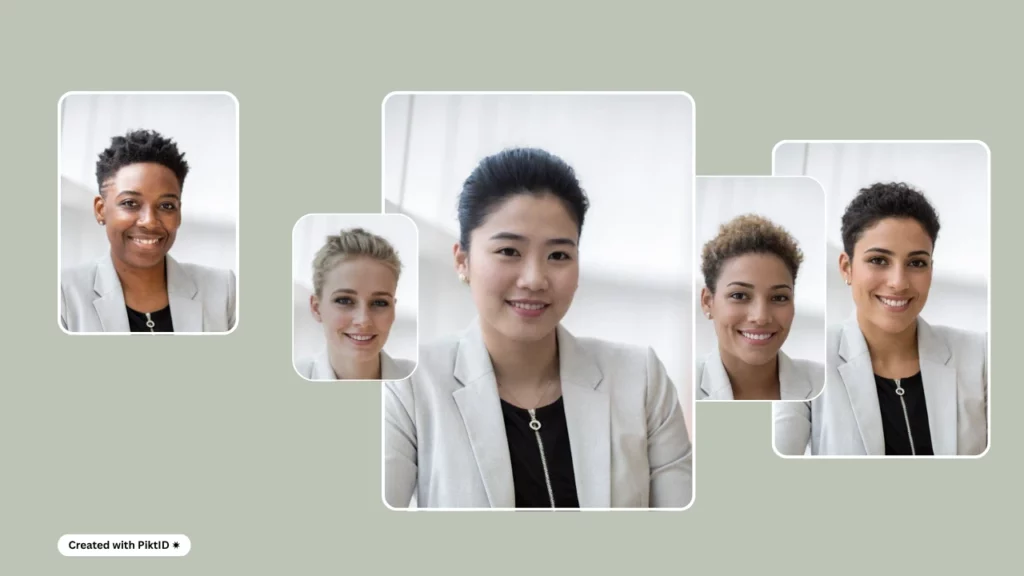 Cinco imágenes con diferentes chicas con el mismo atuendo creadas usando la función generar persona de PiktID