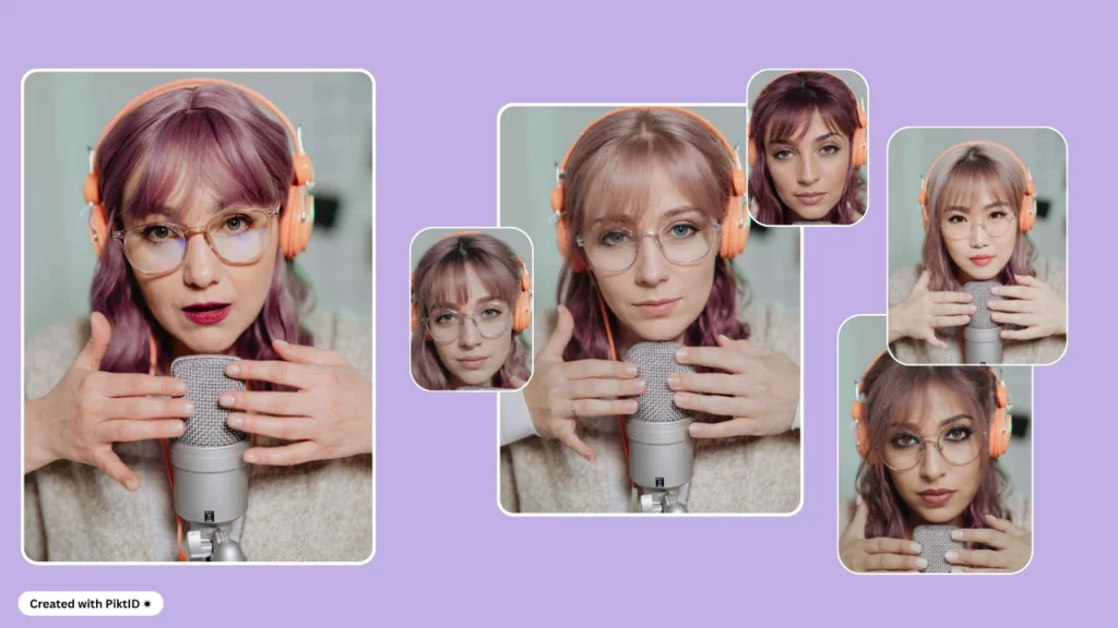 Seis imágenes creadas con PiktID de una mujer con cabello corto morado y auriculares sosteniendo un micrófono para la guía sobre cómo crear una chica modelo de IA.