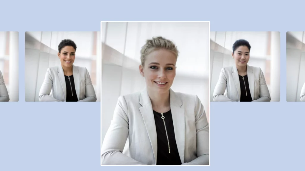 Imagen centrada de mujer con pelo corto y blazer y junto a ella otras dos imágenes de mujeres de diferentes orígenes y pelo corto.