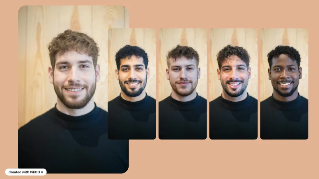 Esempio di Swap di PiktID con cinque uomini in magliette nere a girocollo, ognuno con tratti del viso unici scambiati, in posa su uno sfondo di legno chiaro.