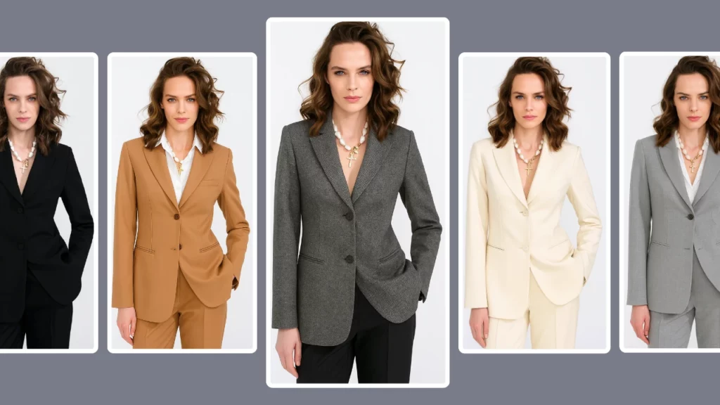 PiktIDs KI-generierte formelle Outfit-Variationen für Damen – dasselbe Model in schwarzen, hellbraunen, anthrazitgrauen, cremefarbenen und hellgrauen Business-Anzügen. Ideale Referenz für professionelle Damenmode und virtuelle Kleideranproben.