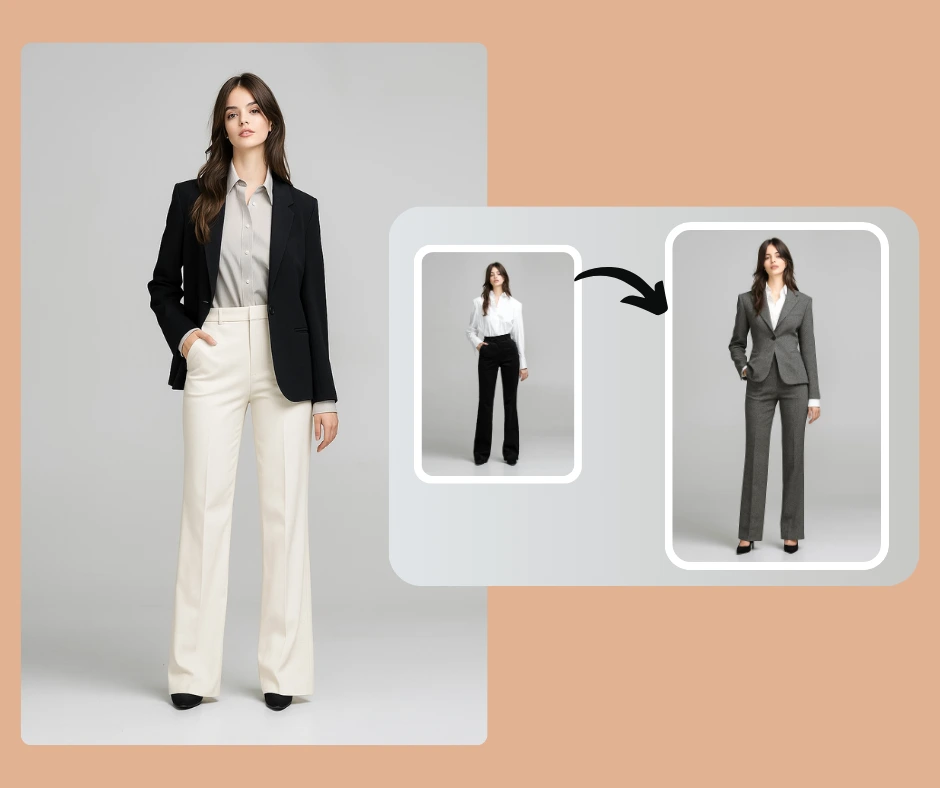 Nahaufnahme einer brünetten Frau in einem dunkelgrauen Blazer mit Fischgrätenmuster und passender Hose, kombiniert mit Perlen- und Goldketten. Professionelle, KI-generierte Modevorschau.