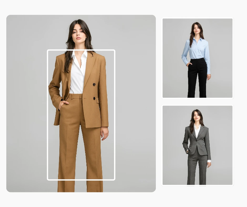 Hochauflösende Nahaufnahme einer Frau in einem kamelfarbenen Business-Anzug mit strukturiertem Blazer und weißer Bluse. KI-generierter Abendgarderobe-Stil für moderne Berufstätige.