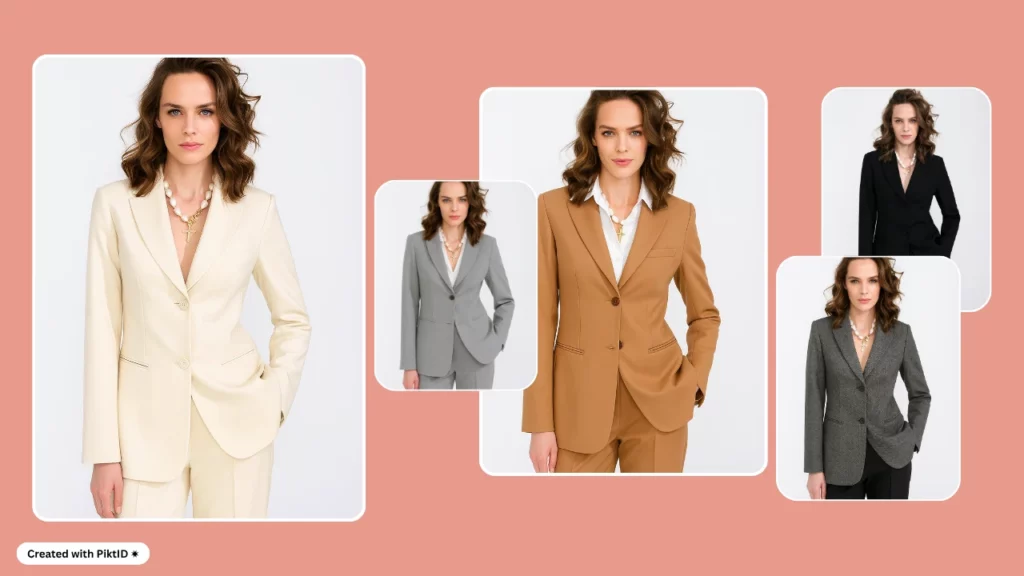 Kreative, KI-gestaltete Montage eines formellen Outfits mit vergrößerten Stoffdetails brauner und grauer Anzüge, in deren Mittelpunkt eine Frau in schwarzen Schlaghosen und einer weißen Bluse steht. Styling-Konzept für Business-Kleidung.