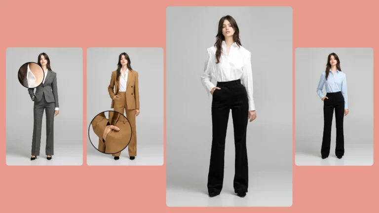 Presentazione di moda basata sull'intelligenza artificiale che mette in risalto una donna in tailleur color crema, con miniature di outfit alternativi in nero, cammello, grigio e antracite. Immagine in evidenza per il cambio d'abito professionale basato sull'intelligenza artificiale, realizzata da PiktID.