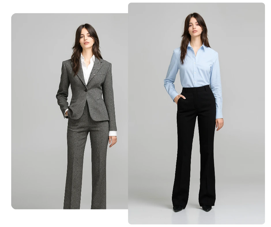 Professionelle Bürokleidung für Frauen – KI-gerendertes Styling einer jungen Frau im cremefarbenen Anzug, umgeben von alternativen Looks in Grau, Schwarz, Camel und strukturiertem Anthrazit. Fashion-KI für den Corporate Style von PiktID