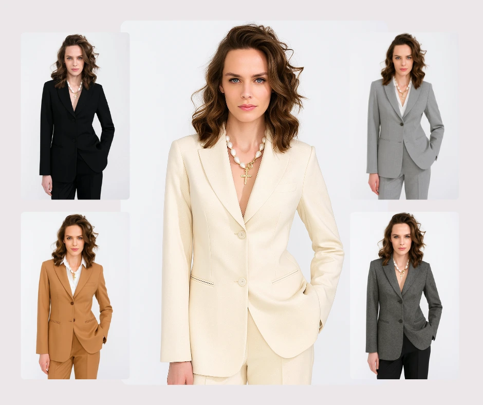 Büro-Outfit-Display mit einer jungen Frau im maßgeschneiderten grauen Business-Anzug und einer anderen in hellblauem Hemd mit schwarzer Hose. KI-generierte Mode für moderne berufstätige Frauen.