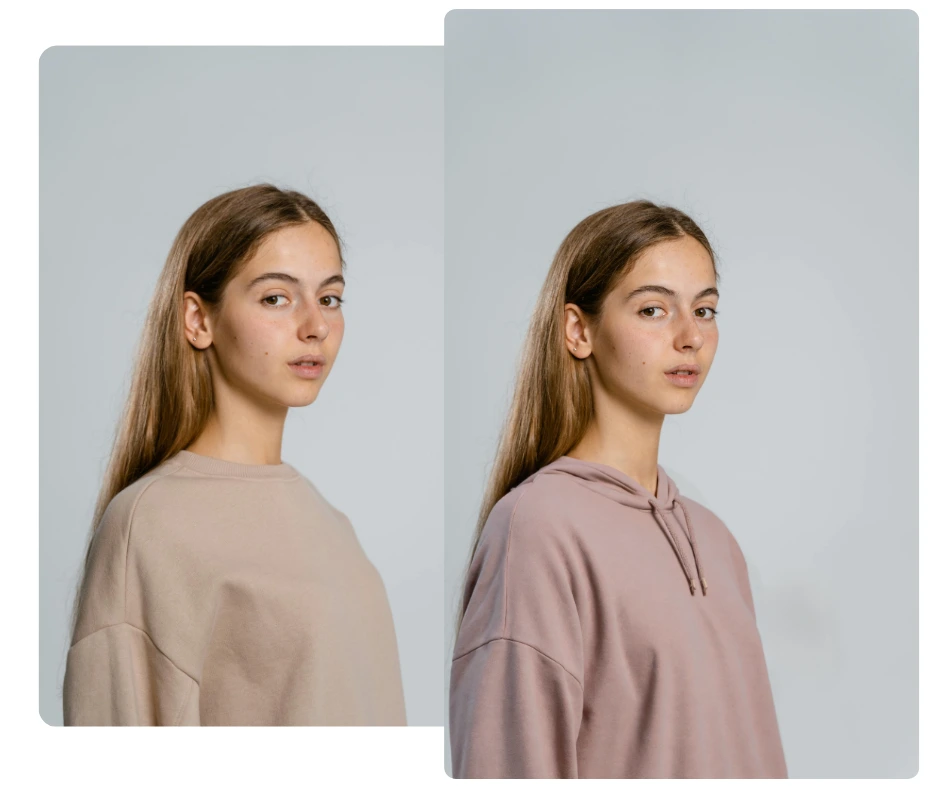 Nebeneinanderstellung einer jungen Frau in Freizeitkleidung – beiges Sweatshirt vs. hellmalvenfarbener Kapuzenpullover. Perfektes Beispiel für einen KI-Kleiderwechsler, der bequeme und minimalistische Loungewear-Outfit-Variationen präsentiert.