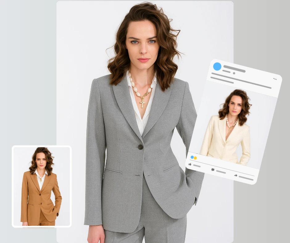 KI-Kleiderwechsler, der eine modische Frau in einem grauen, maßgeschneiderten Hosenanzug zeigt, mit kleineren Einschüben, die dasselbe Model in beigen und elfenbeinfarbenen Anzügen zeigen – konzipiert als Social-Media-Layout für Modeinhalte.