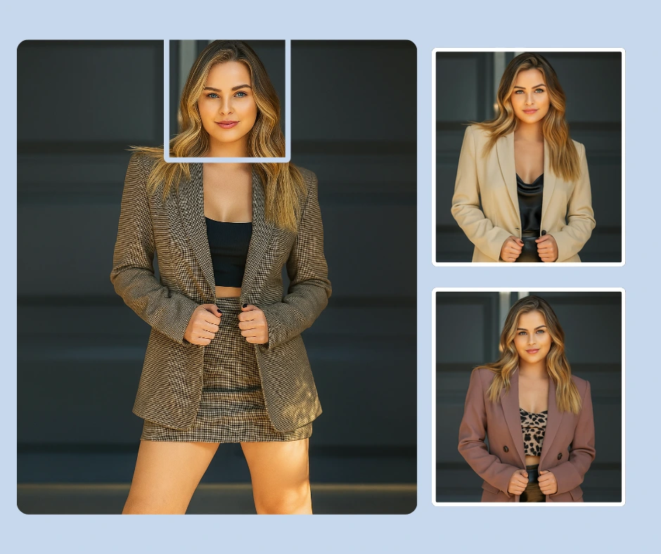 Mit PiktID drei formelle Outfits für ein weibliches Model erstellen, die elegante Business-Kleidung für virtuelle Anprobe und Online-Shopping präsentieren