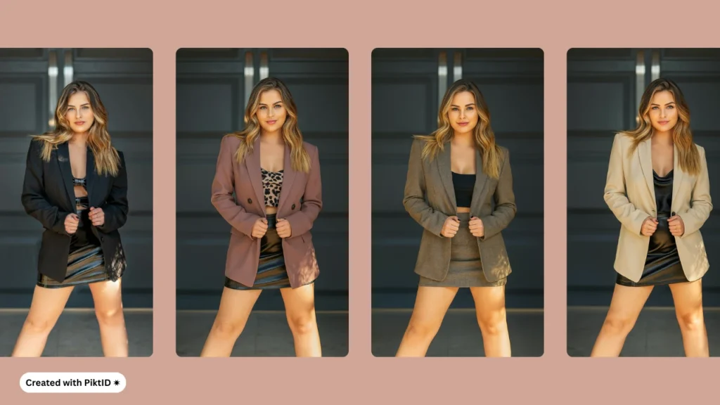 KI-Kleidertausch mit vier Outfit-Varianten einer blonden Frau, erstellt mit PiktID. Virtueller Modegenerator hebt verschiedene Stile und Looks für den E-Commerce hervor.