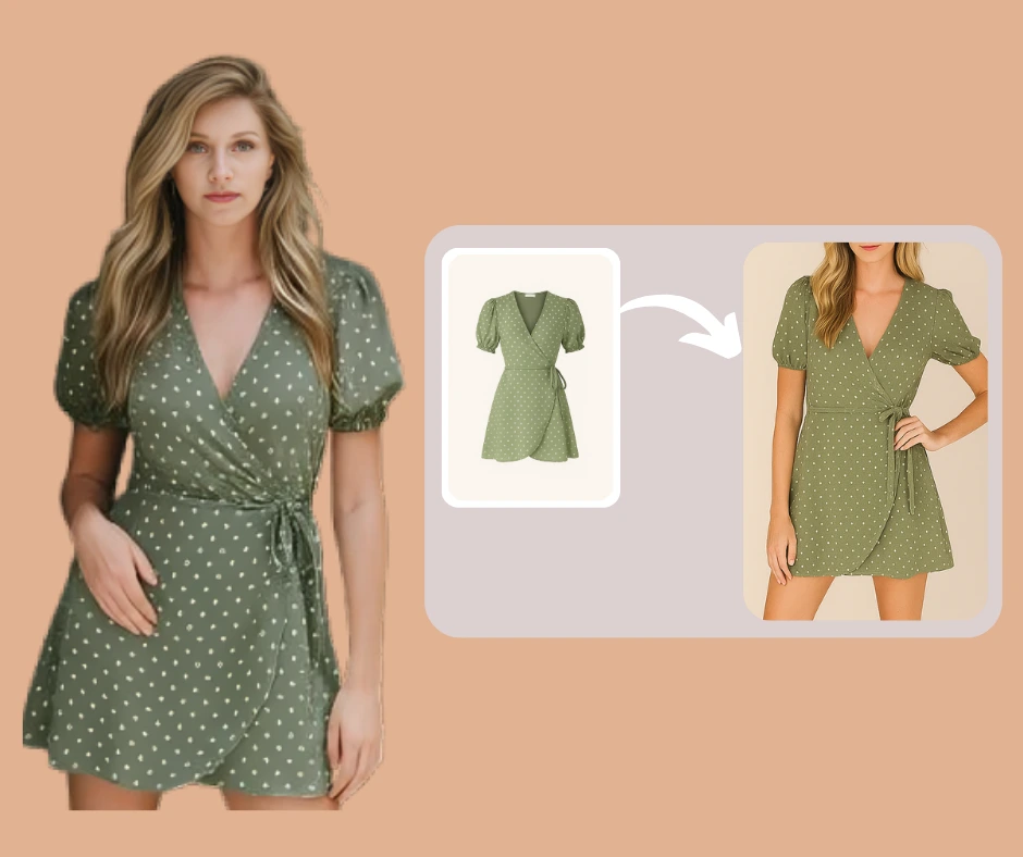 Die KI-Kleidertauschfunktion von PiktID zeigt ein blondes Mädchen, das virtuell und detailgetreu mehrere Outfits anprobiert. Die realistischen Kleideranproben zeigen, wie KI das Experimentieren mit Mode vereinfachen und das Einkaufserlebnis im E-Commerce verbessern kann.