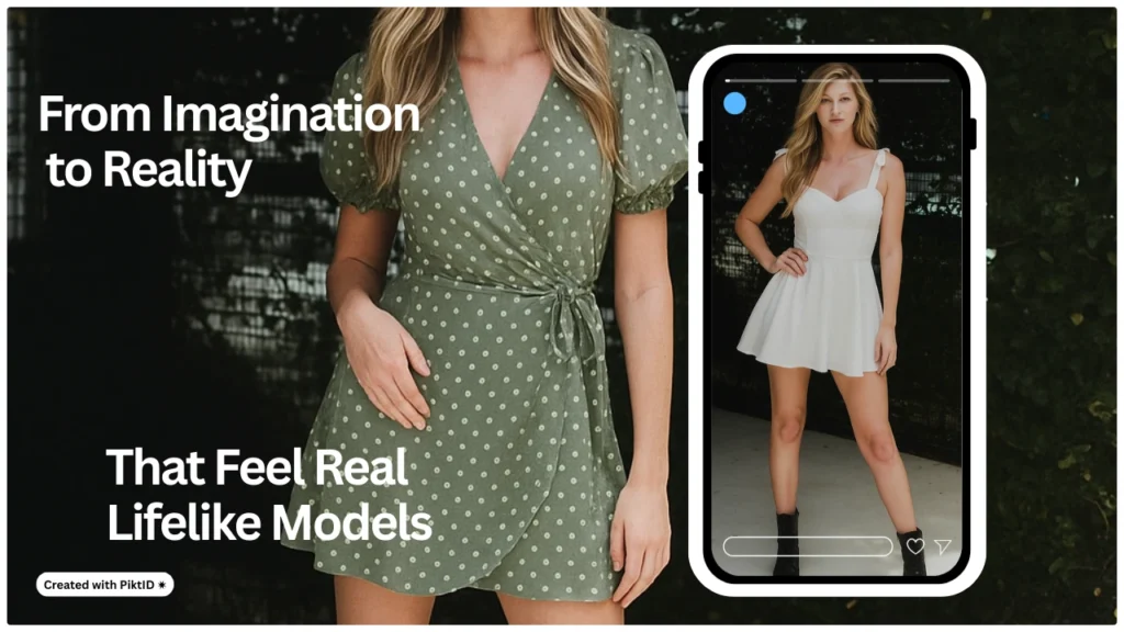 KI-Vorgabe für den Kleidertausch, angewendet auf ein weibliches Model, verwandelt ihren Look in neue Outfits. Virtuelle Anprobe-Technologie für Online-Modegeschäfte.