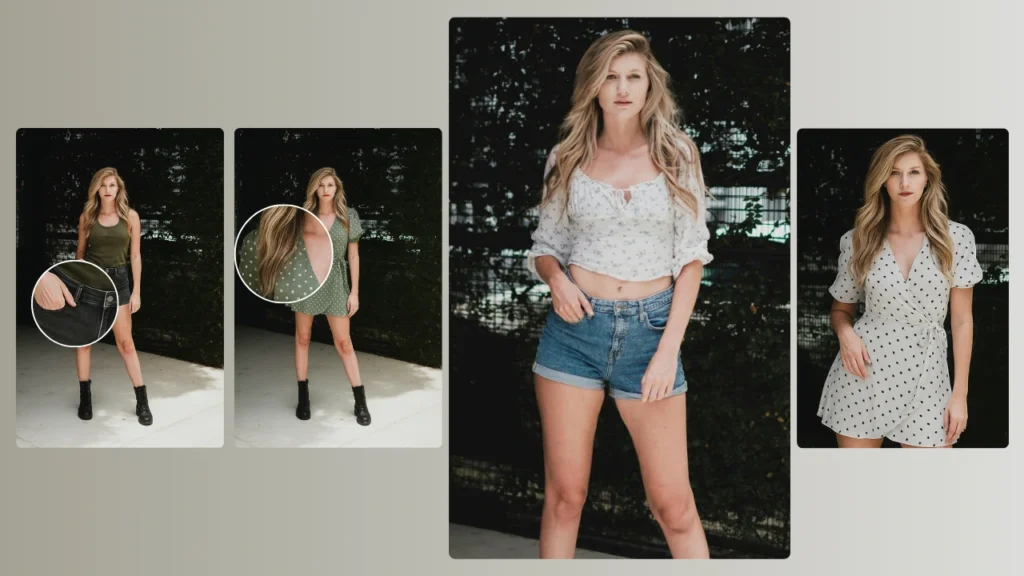 Detaillierter KI-Outfit-Generator von PiktID, der mehrere Kleidungsstile für eine blonde Frau erstellt. Intelligenter Kleidertausch für den Mode-E-Commerce.