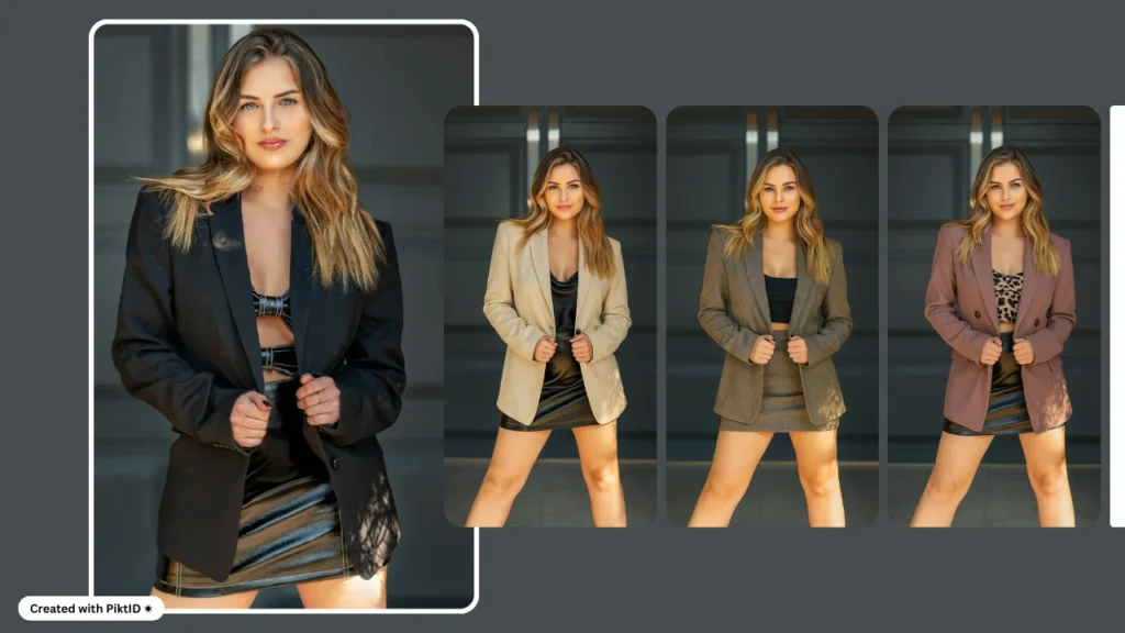 KI-Outfit-Generator erstellt mehrere formelle Looks für eine blonde Frau. Virtuelles Anprobe-Tool für Mode-E-Commerce und Styling