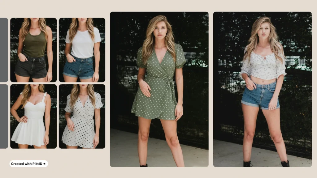 Der Outfit-Generator präsentiert verschiedene Modetrends an einem jungen blonden Mädchen. Das Tool bietet verschiedene Outfit-Varianten nebeneinander, sodass Nutzer Looks sofort vergleichen und bessere Entscheidungen treffen können.