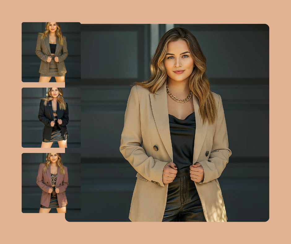 Ein halbformelles Outfit, erstellt mit PiktID für einen modernen und professionellen Look. Das Tool ermöglicht nahtlose Outfitwechsel und hilft Nutzern, neue Kleidungsoptionen vor dem Kauf zu visualisieren.