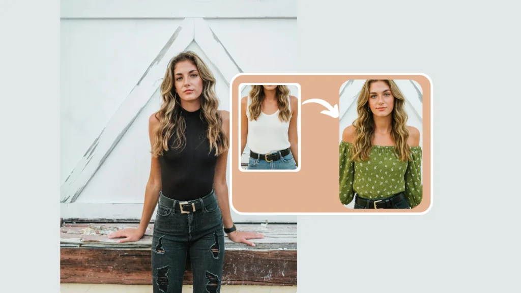 Ein junges Model wechselt mehrere Outfits mit realistischen Texturen und Schnitten. Das Bild zeigt, wie virtuelle Outfitwechsel digitales Modedesign, Styling und Online-Shopping-Erlebnisse optimieren können.